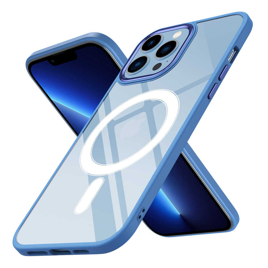 Apple iPhone 12 Pro Kılıf Wireless Şarj Özellikli Zore Krom M-safe Silikon Kapak Mavi