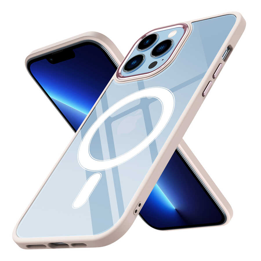 Apple iPhone 12 Pro Kılıf Wireless Şarj Özellikli Zore Krom M-safe Silikon Kapak Pembe Açık
