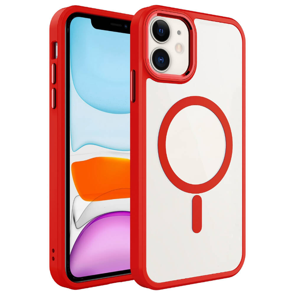 Apple iPhone 12 Pro Kılıf Wireless Şarj Özellikli Zore Krom M-safe Silikon Kapak Kırmızı