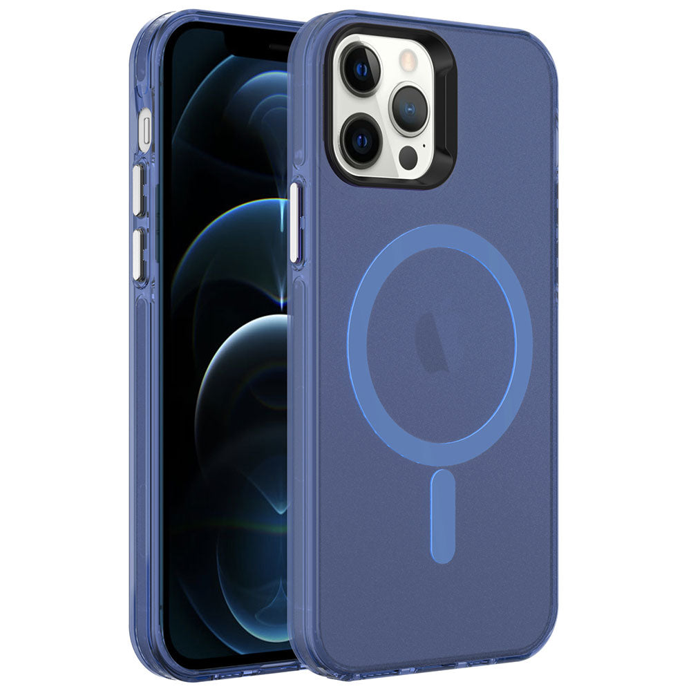 Apple iPhone 12 Pro Kılıf Zore M-safe Şarj Özellikli Buzlu Transparan C-Pro Sert Kapak Lacivert