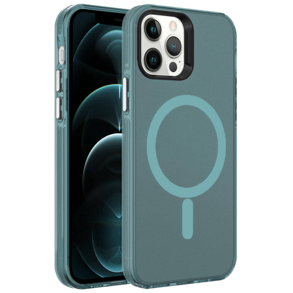 Apple iPhone 12 Pro Kılıf Zore M-safe Şarj Özellikli Buzlu Transparan C-Pro Sert Kapak Koyu Yeşil
