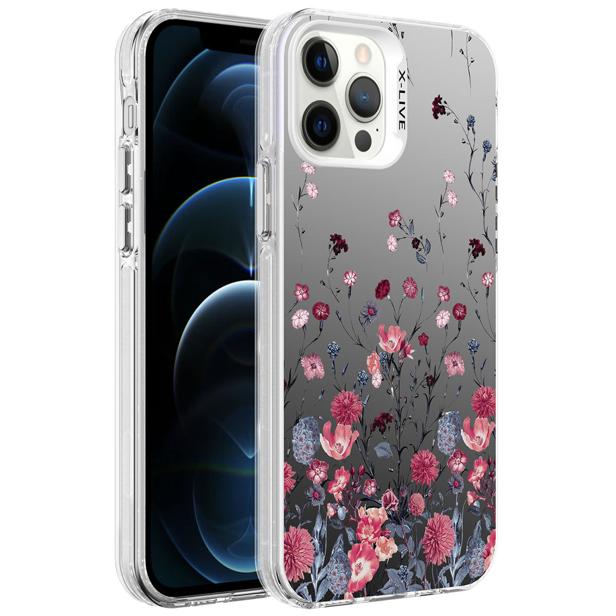 Apple iPhone 12 Pro Max Kılıf Desenli Zore Silver Sert Kapak Çiçek