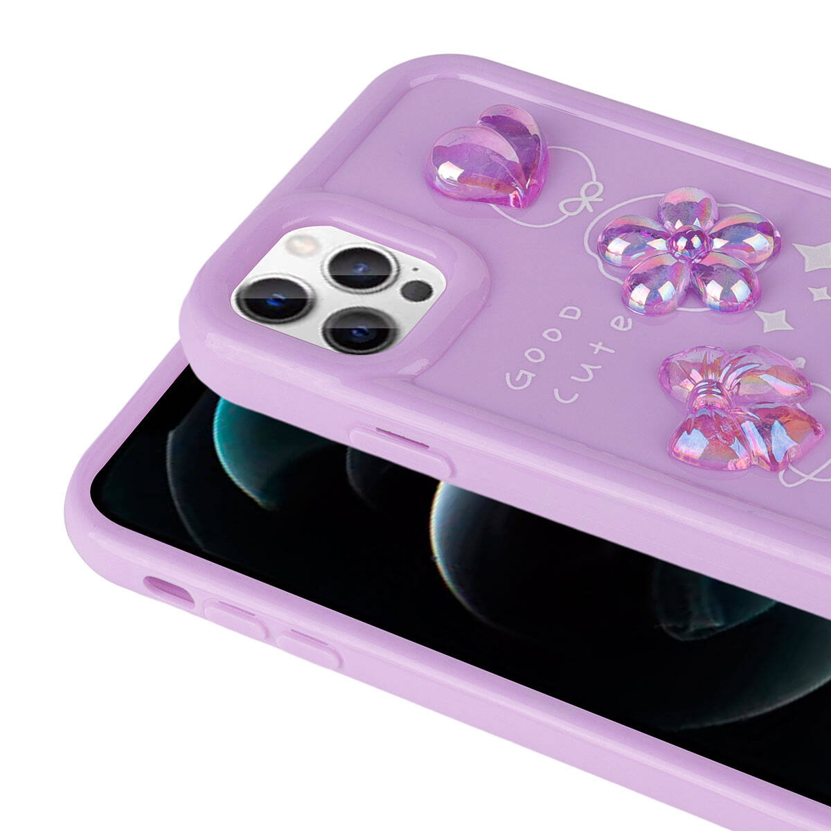 Apple iPhone 12 Pro Max Kılıf Kabartma Figürlü Parlak Zore Toys Silikon Kapak Mor