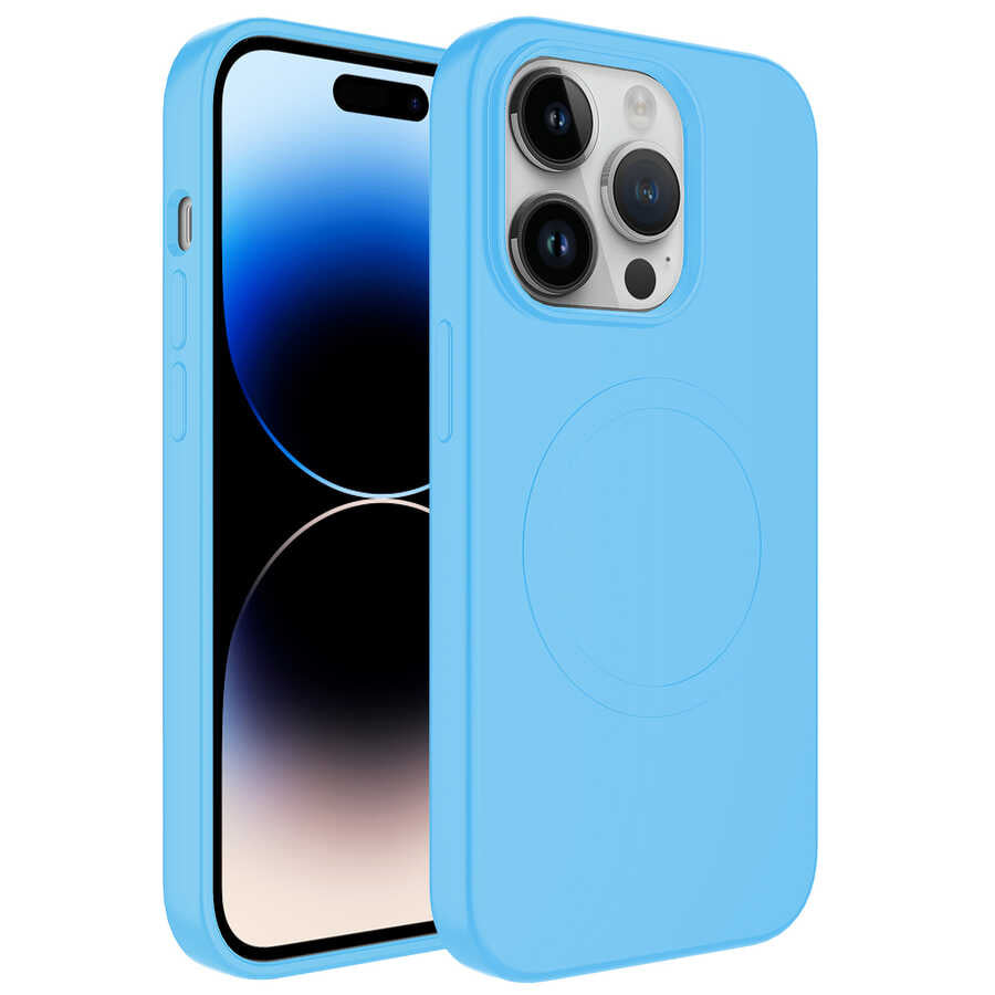 Apple iPhone 12 Pro Max Kılıf M-safe Wireless Şarj Özellikli Pastel Renk Silikon Zore Plas Kapak Mavi Açık