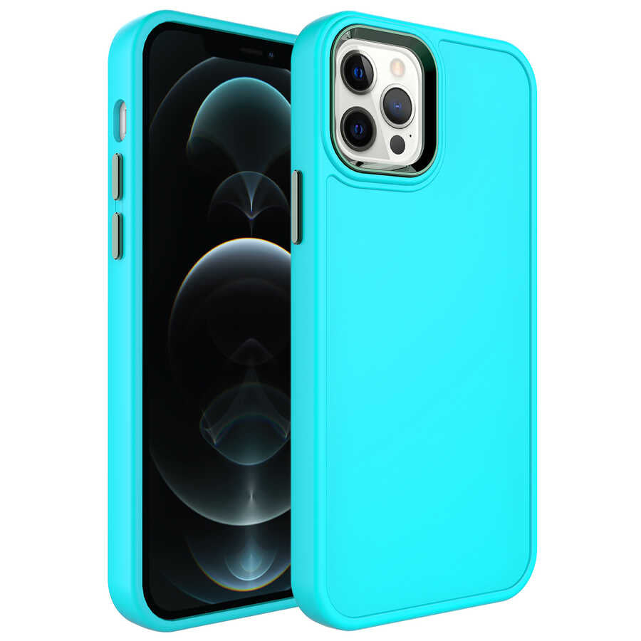 Apple iPhone 12 Pro Max Kılıf Metal Çerçeve ve Buton Tasarımlı Sert Zore Botox Kapak Turkuaz