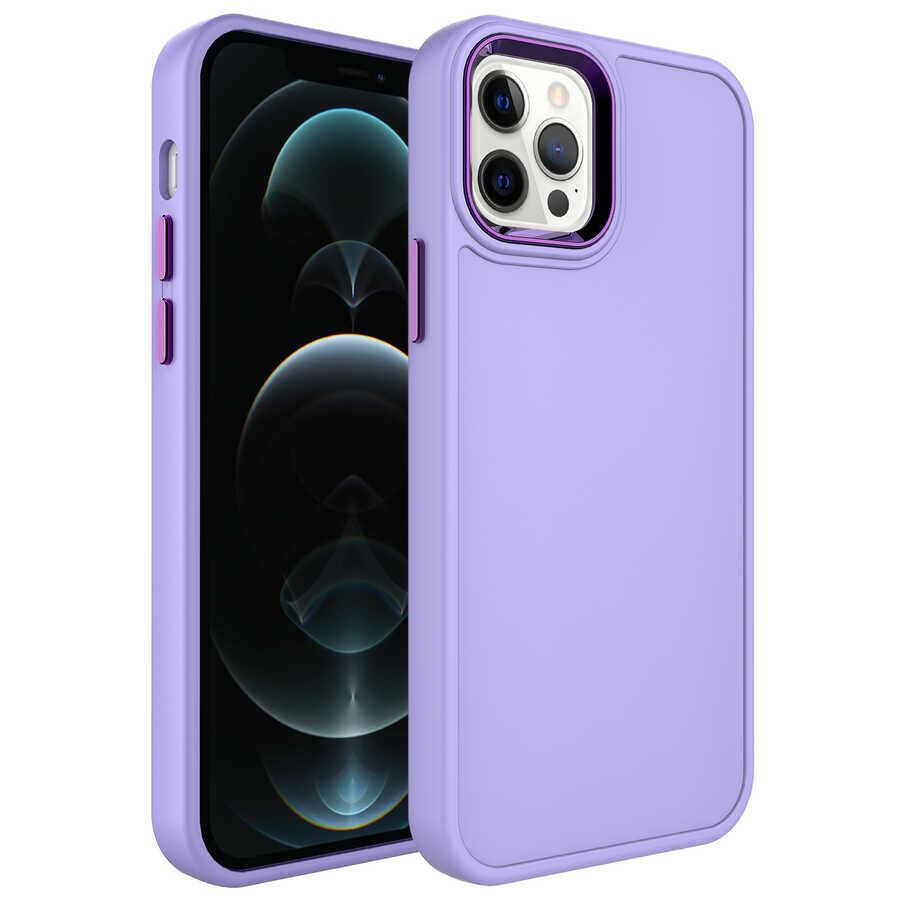 Apple iPhone 12 Pro Max Kılıf Metal Çerçeve ve Buton Tasarımlı Sert Zore Botox Kapak Lila