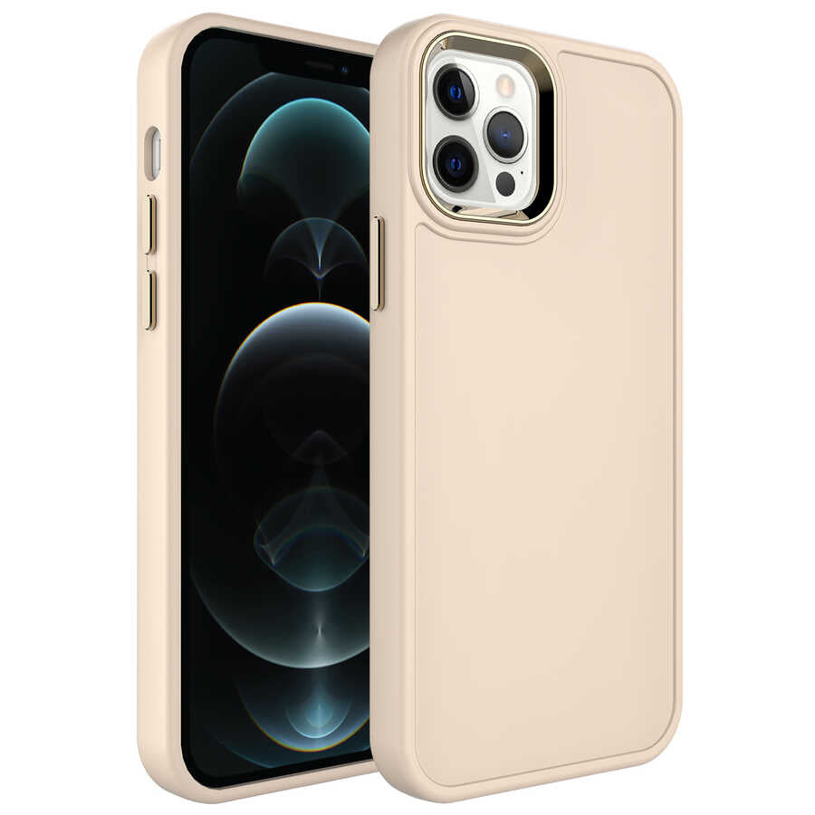 Apple iPhone 12 Pro Max Kılıf Metal Çerçeve ve Buton Tasarımlı Sert Zore Botox Kapak Krem