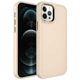 Apple iPhone 12 Pro Max Kılıf Metal Çerçeve ve Buton Tasarımlı Sert Zore Botox Kapak Krem