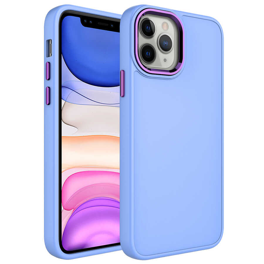 Apple iPhone 12 Pro Max Kılıf Metal Çerçeve ve Buton Tasarımlı Silikon Zore Luna Kapak Lila