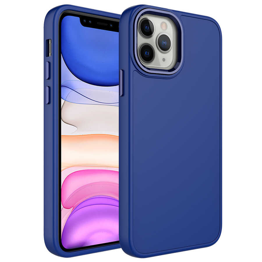 Apple iPhone 12 Pro Max Kılıf Metal Çerçeve ve Buton Tasarımlı Silikon Zore Luna Kapak Lacivert