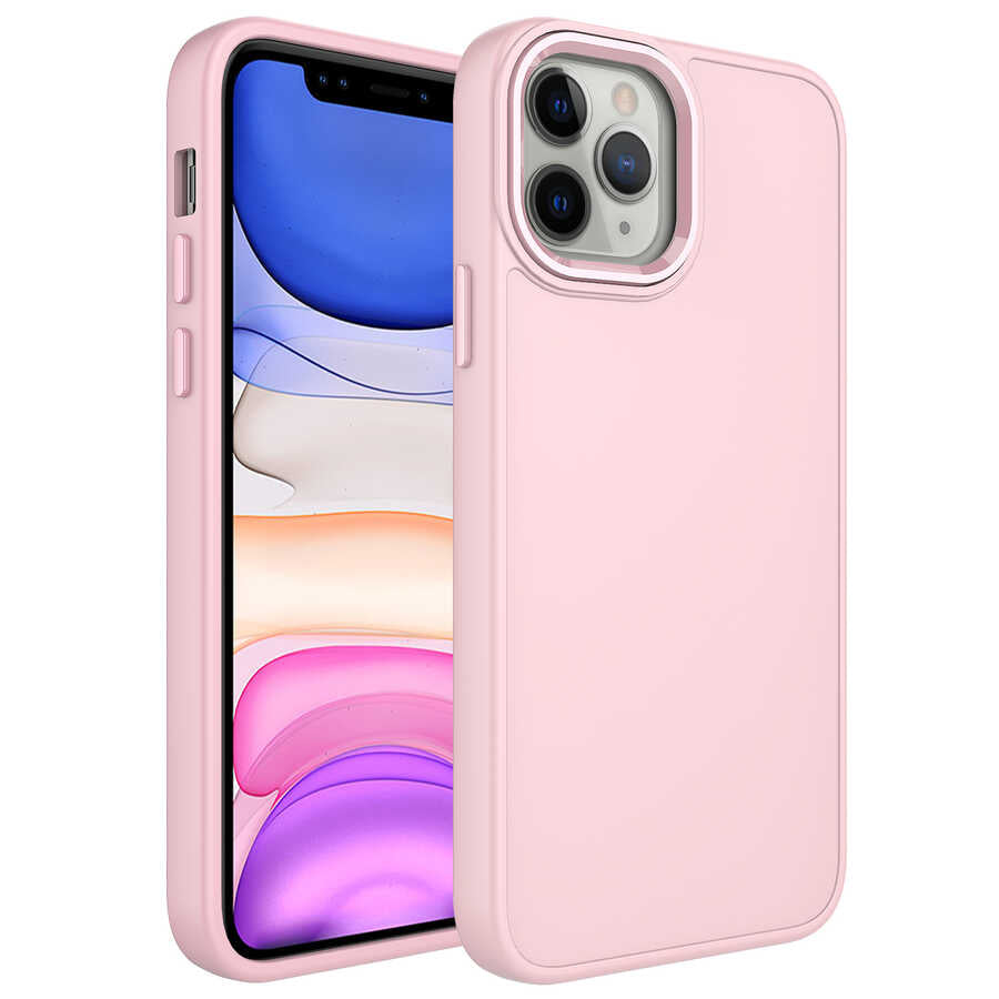 Apple iPhone 12 Pro Max Kılıf Metal Çerçeve ve Buton Tasarımlı Silikon Zore Luna Kapak Pembe