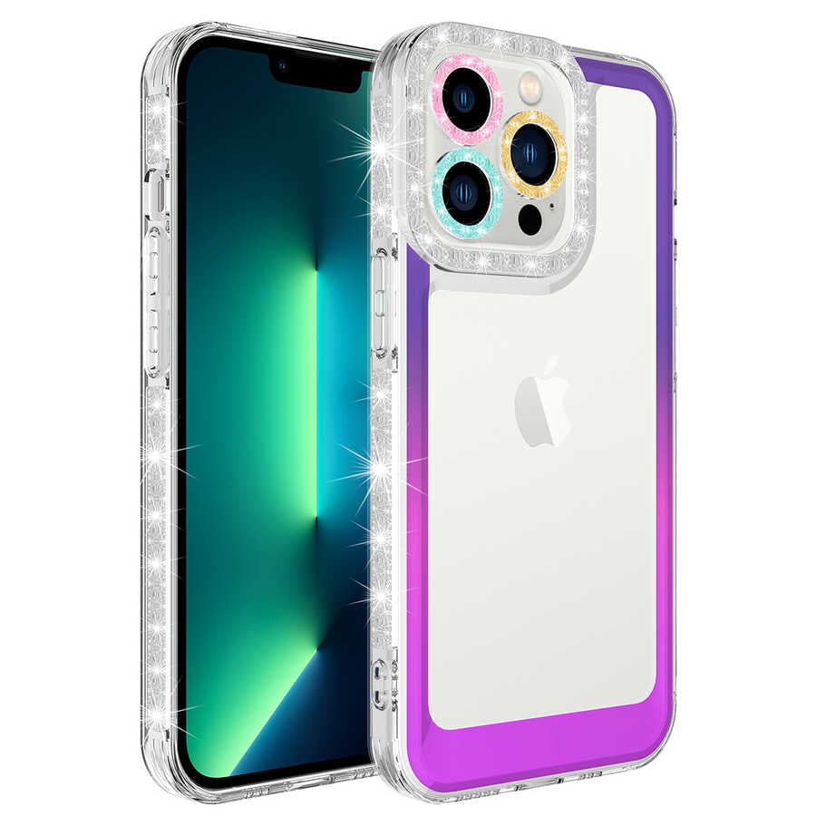 Apple iPhone 12 Pro Max Kılıf Simli ve Renk Geçiş Tasarımlı Lens Korumalı Zore Park Kapak Yeşil-Mavi