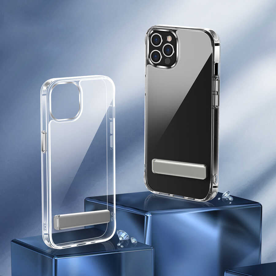 Apple iPhone 12 Pro Max Kılıf Standlı Şeffaf Silikon Zore L-Stand Kapak Renksiz