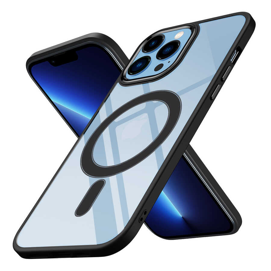 Apple iPhone 12 Pro Max Kılıf Wireless Şarj Özellikli Zore Krom M-safe Silikon Kapak Siyah