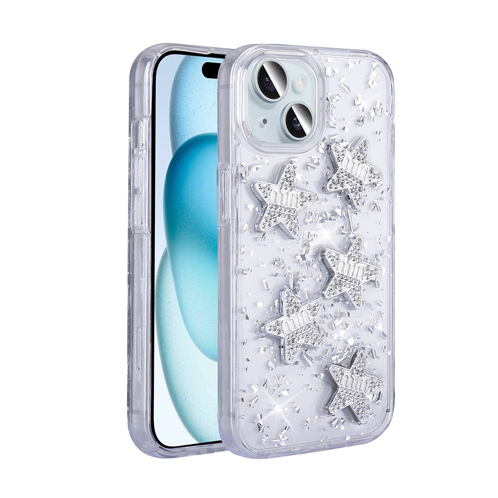 Apple iPhone 13 Kılıf Airbagli Simli Arka Yüzey Zore Işıltı Silikon Kapak Beyaz-Yıldız