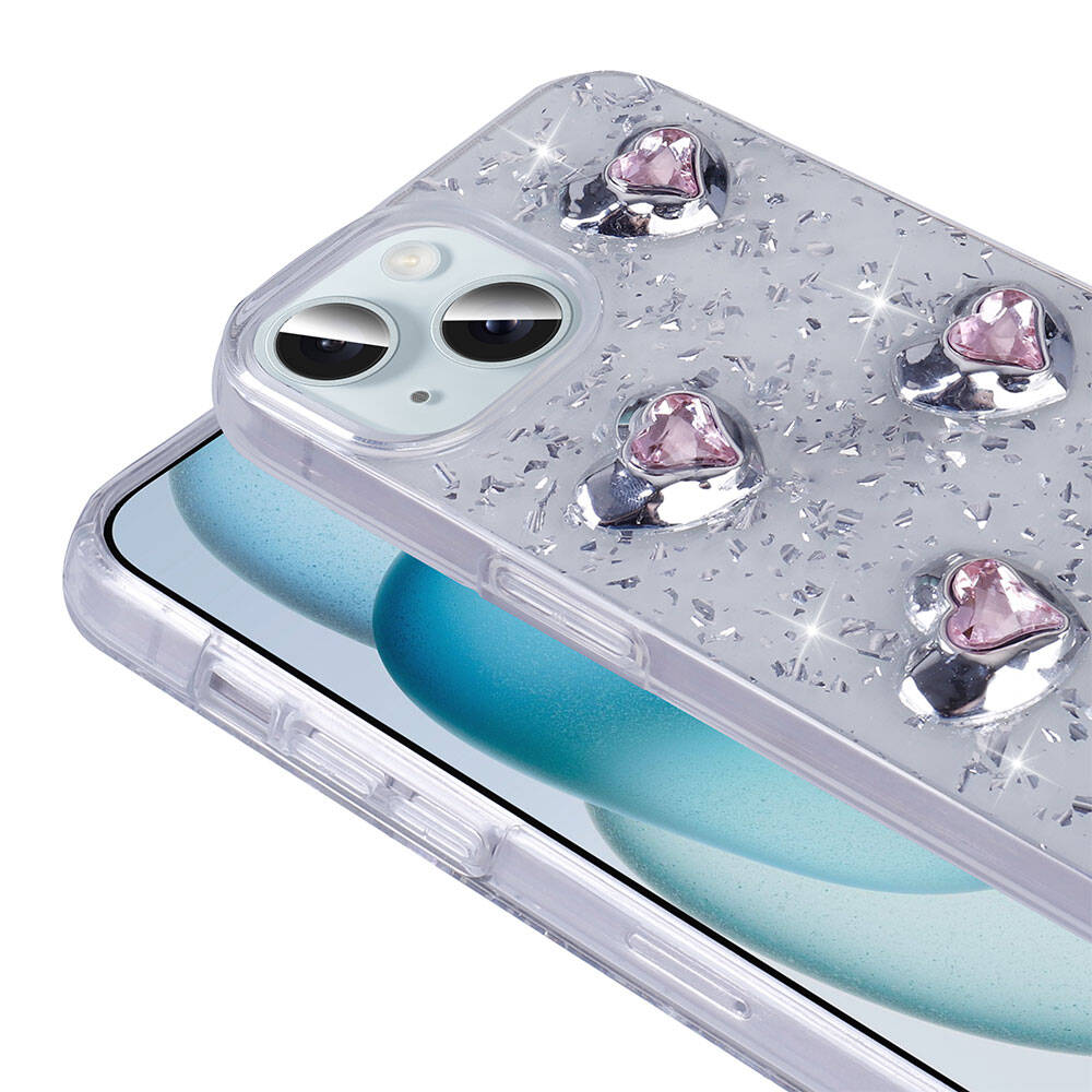 Apple iPhone 13 Kılıf Airbagli Simli Arka Yüzey Zore Işıltı Silikon Kapak Beyaz-Yıldız
