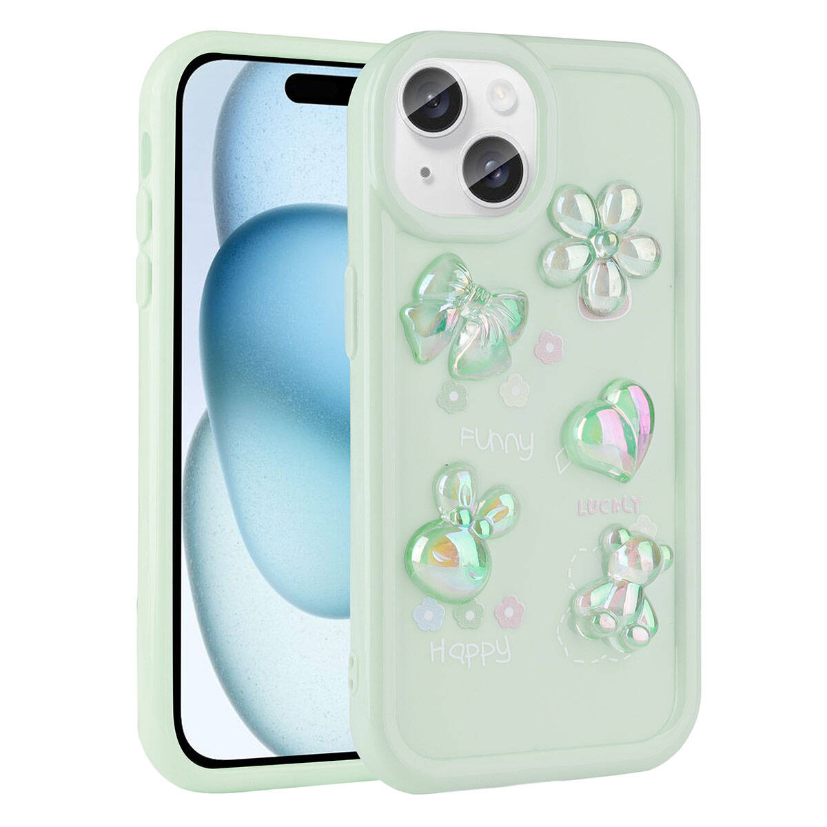 Apple iPhone 13 Kılıf Kabartma Figürlü Parlak Zore Toys Silikon Kapak Açık Yeşil