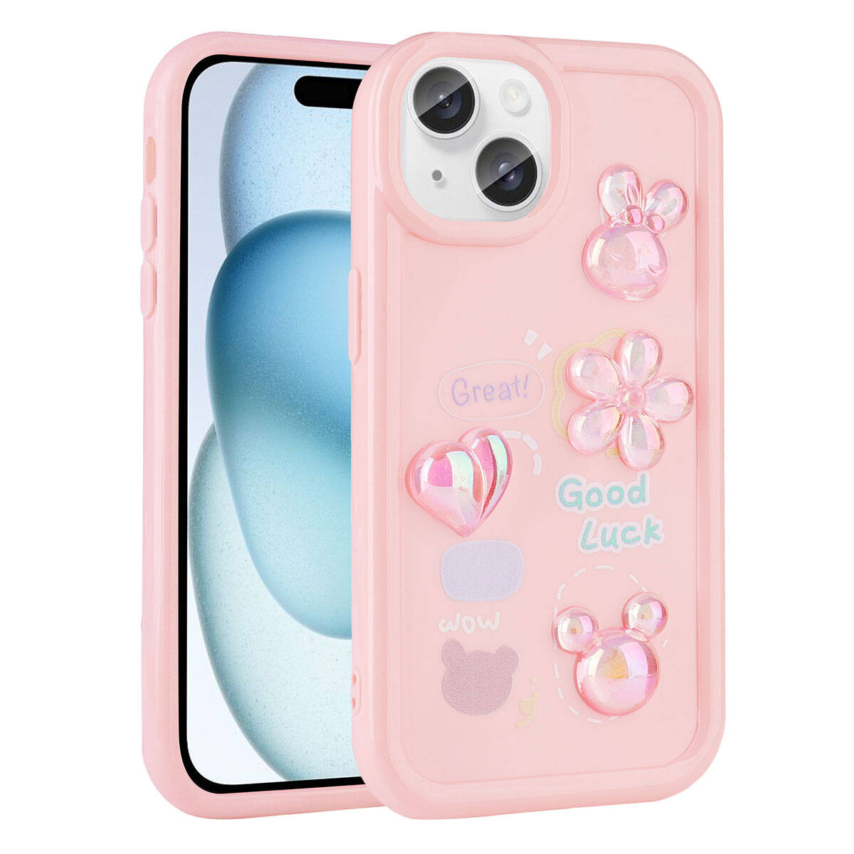 Apple iPhone 13 Kılıf Kabartma Figürlü Parlak Zore Toys Silikon Kapak Açık Yeşil