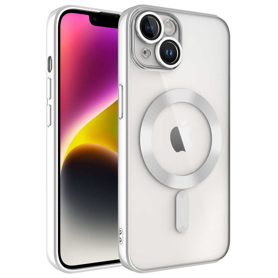 Apple iPhone 13 Kılıf Kamera Korumalı M-safe Wireless Şarj Özellikli Zore Demre Kapak Gümüş