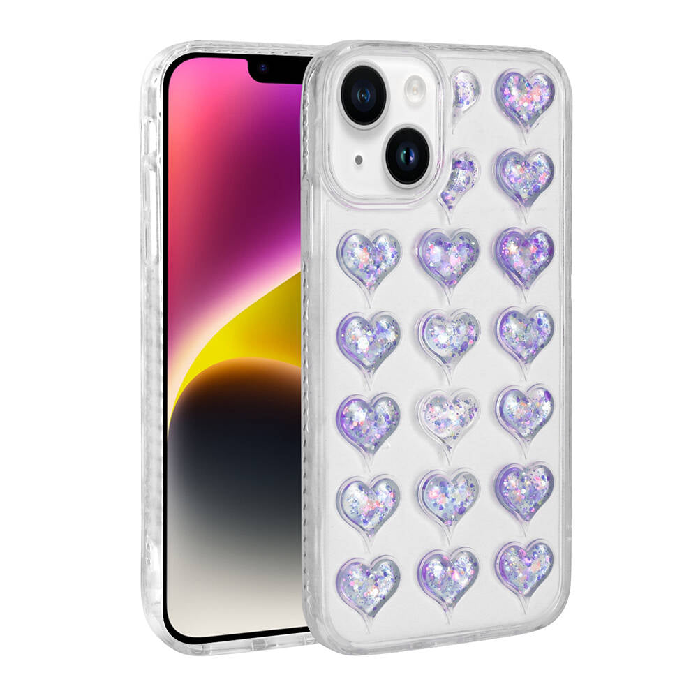 Apple iPhone 13 Kılıf Kamera Korumalı Renkli Kalp Desenli Transparan Zore Kalp Kapak Pembe