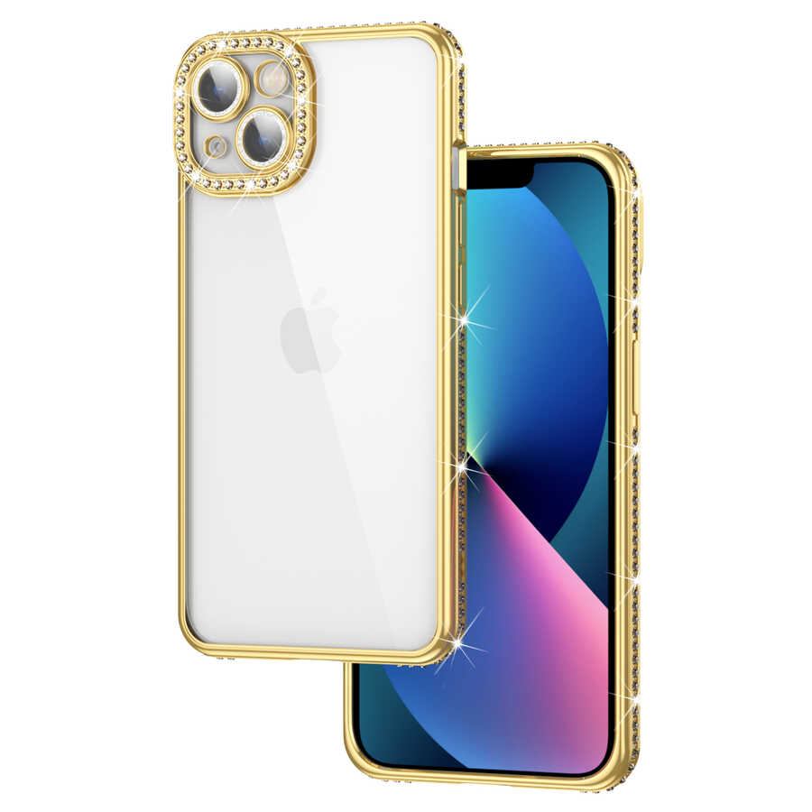 Apple iPhone 13 Kılıf Kamera Korumalı Taşlı Zore Mina Kapak Gold