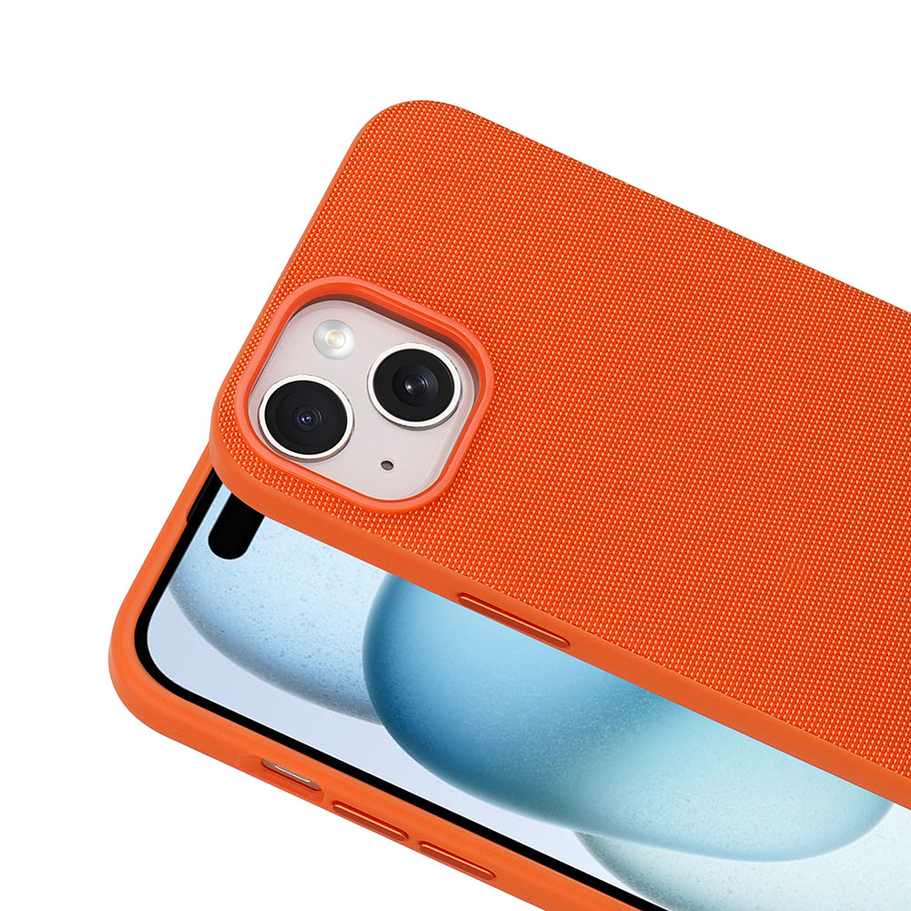 Apple iPhone 13 Kılıf M-Safe Şarj Özellikli Kumaş Tasarımlı Zore Miami Sert PC Kapak Turuncu