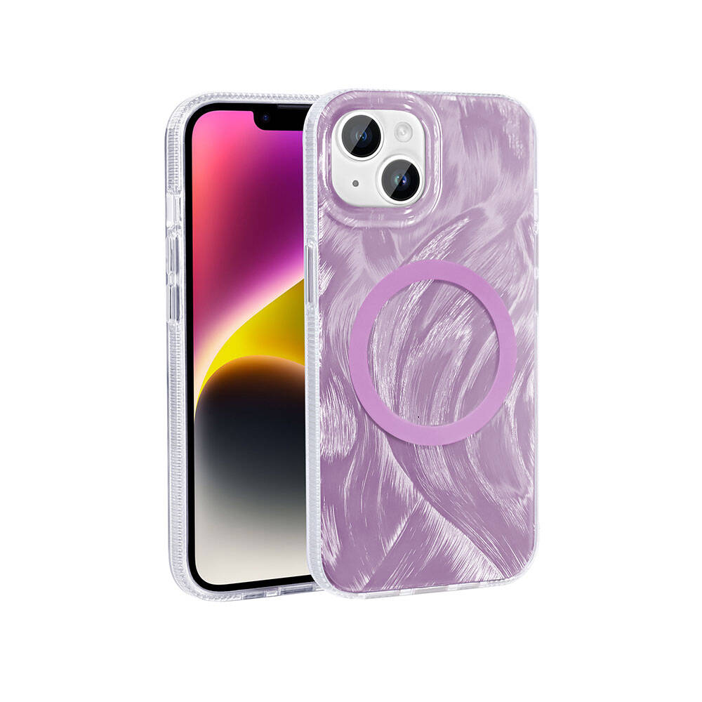 Apple iPhone 13 Kılıf M-safe Şarj Özellikli Fırça Boya Desenli Zore Palet Kapak Mor