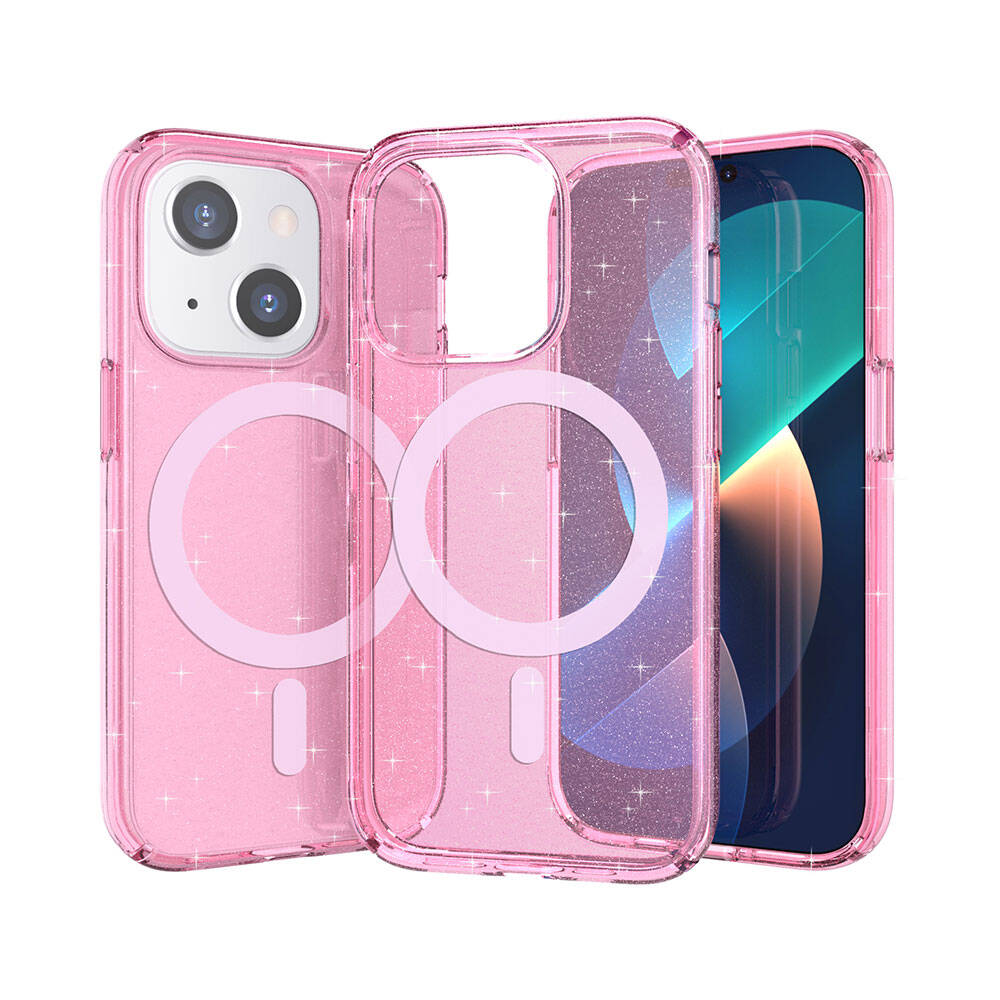Apple iPhone 13 Kılıf M-safe Şarj Özellikli Parlayan Simli Saydam Renkli Zore Allstar Kapak Pembe