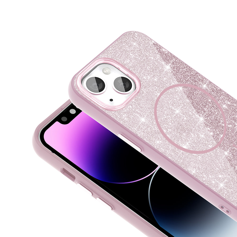 Apple iPhone 13 Kılıf M-safe Şarj Özellikli Parlayan Simli Zore Okso Kapak Beyaz