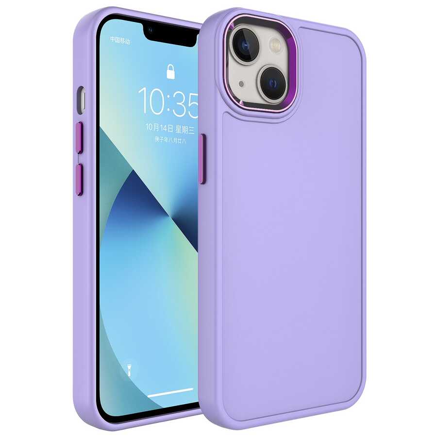 Apple iPhone 13 Kılıf Metal Çerçeve ve Buton Tasarımlı Sert Zore Botox Kapak Pembe Açık