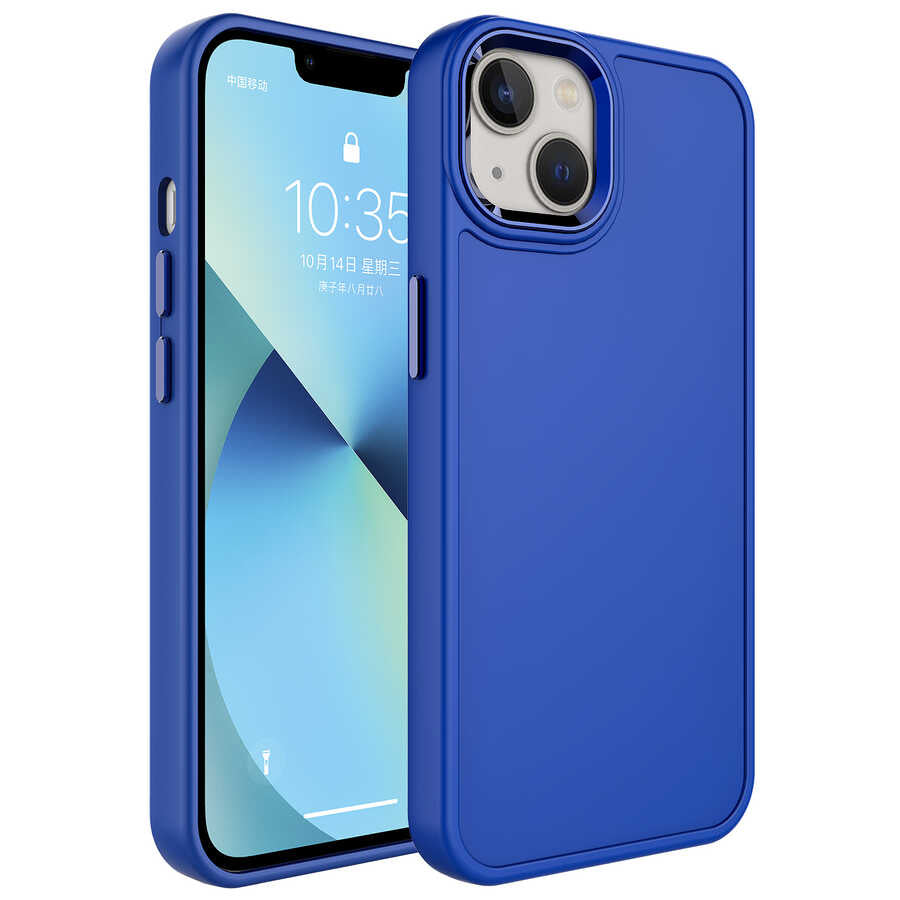 Apple iPhone 13 Kılıf Metal Çerçeve ve Buton Tasarımlı Sert Zore Botox Kapak Lacivert