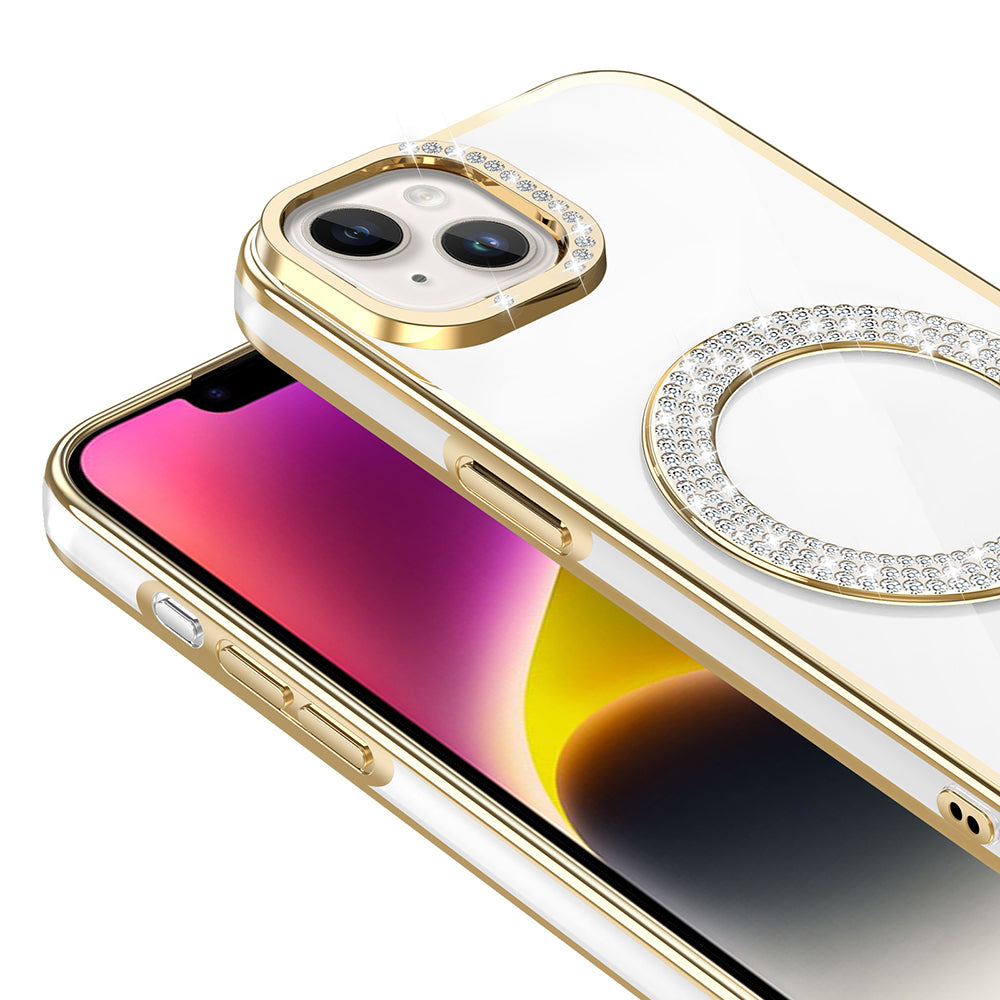 Apple iPhone 13 Kılıf Pırlanta Taş Tasarımlı M-safe Şarj Özellikli Zore Karetta Silikon Kapak Gold