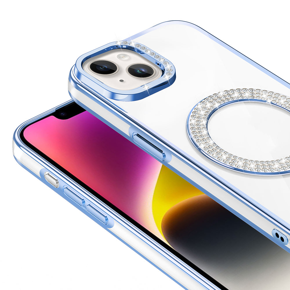 Apple iPhone 13 Kılıf Pırlanta Taş Tasarımlı M-safe Şarj Özellikli Zore Karetta Silikon Kapak Mavi