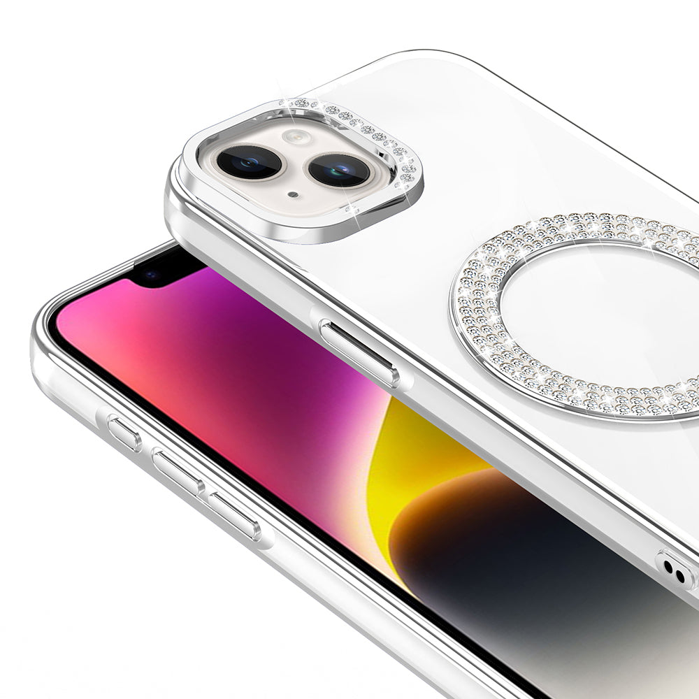 Apple iPhone 13 Kılıf Pırlanta Taş Tasarımlı M-safe Şarj Özellikli Zore Karetta Silikon Kapak Mavi