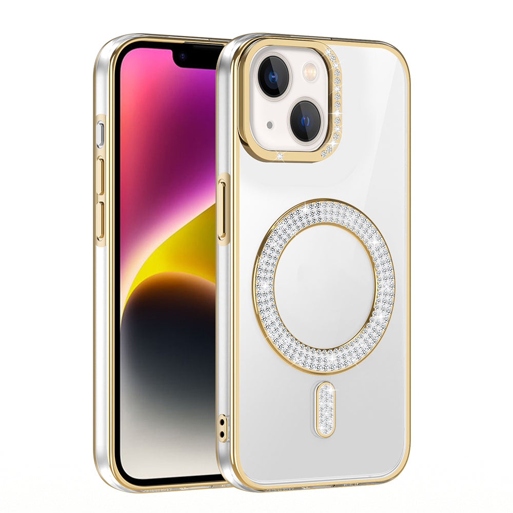 Apple iPhone 13 Kılıf Pırlanta Taş Tasarımlı M-safe Şarj Özellikli Zore Karetta Silikon Kapak Gold