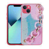 Apple iPhone 13 Kılıf Simli Desenli El Askılı Tutacaklı Zore Elsa Silikon Kapak Pembe Koyu