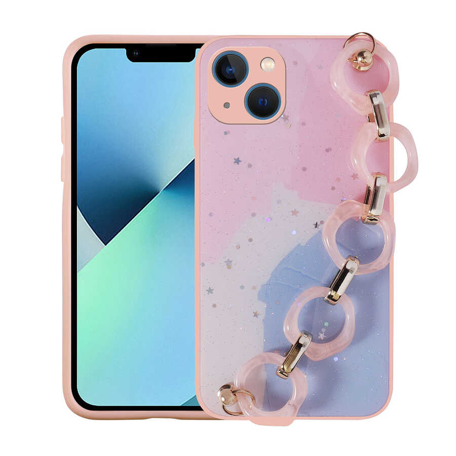 Apple iPhone 13 Kılıf Simli Desenli El Askılı Tutacaklı Zore Elsa Silikon Kapak Pembe