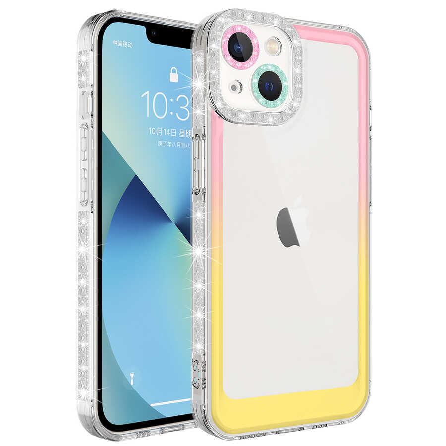 Apple iPhone 13 Kılıf Simli ve Renk Geçiş Tasarımlı Lens Korumalı Zore Park Kapak Mor-Pembe