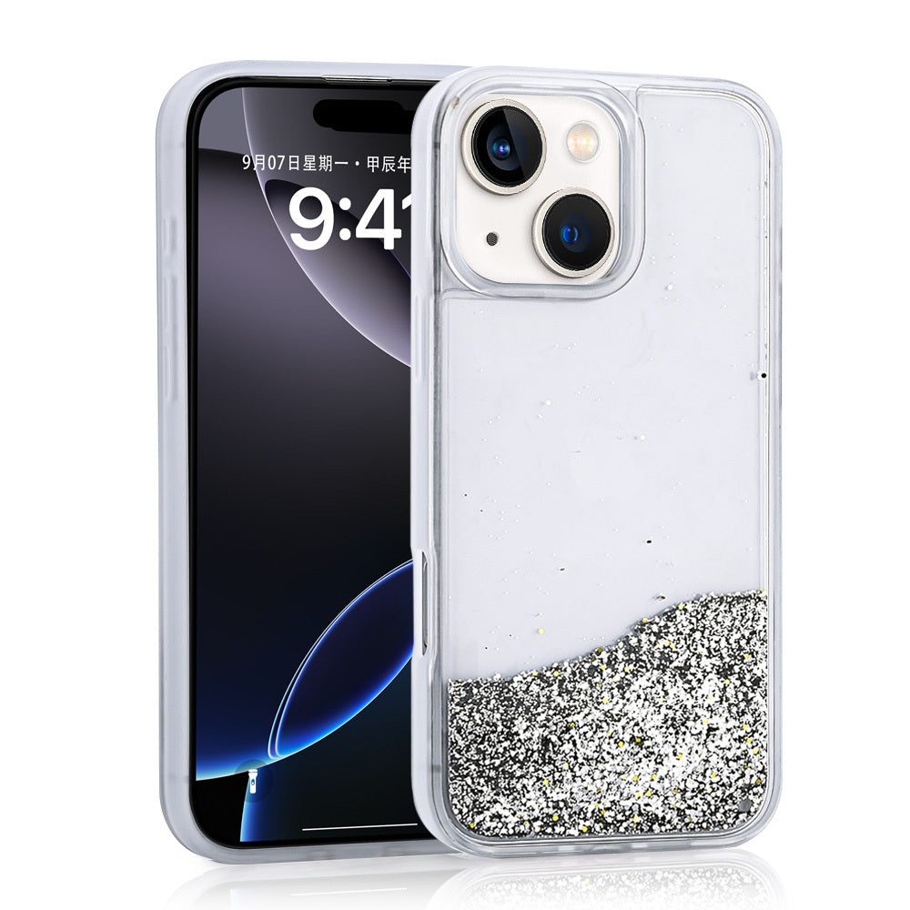 Apple iPhone 13 Kılıf Sıvılı Simli Şeffaf Arka Yüzey Zore Keto Silikon Kapak Gümüş
