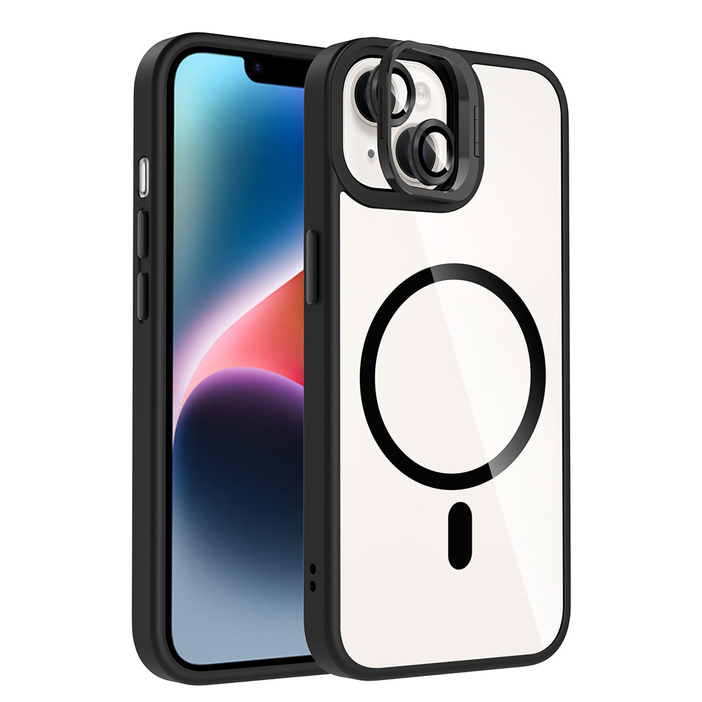 Apple iPhone 13 Kılıf Standlı ve Kamera Lens Hediyeli M-Safe Şarj Özellikli Zore Etro Kapak Siyah