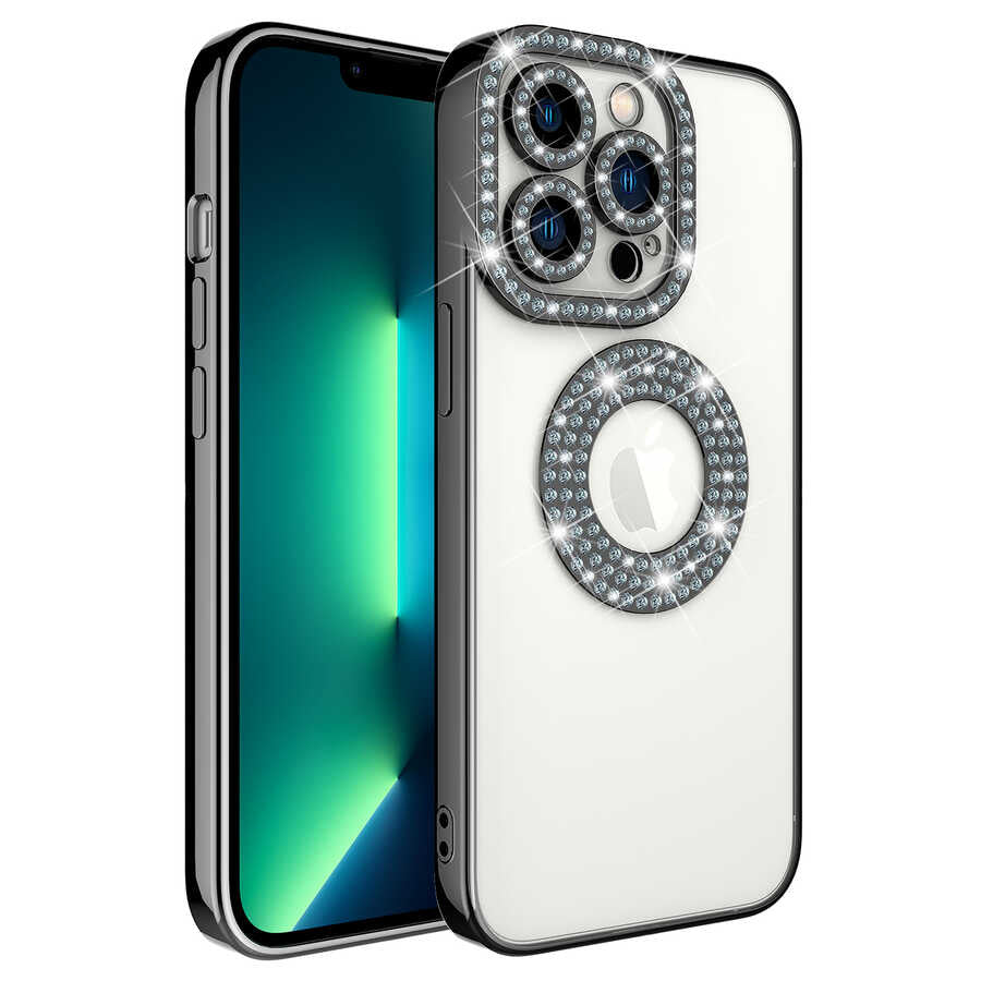 Apple iPhone 13 Pro Kılıf Kamera Korumalı Taş Süslemeli Arkası Şeffaf Zore Asya Kapak Siyah