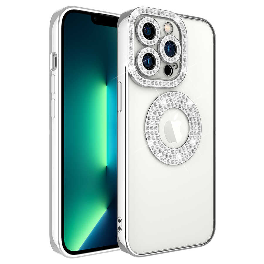 Apple iPhone 13 Pro Kılıf Kamera Korumalı Taş Süslemeli Arkası Şeffaf Zore Asya Kapak Rose Gold