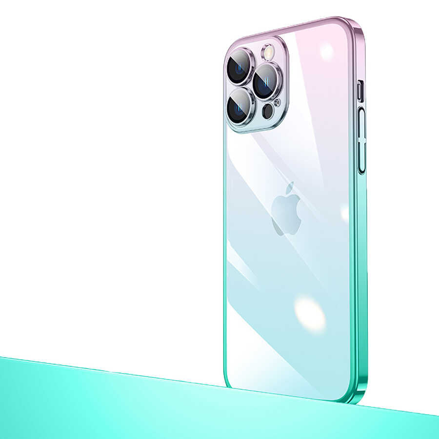 Apple iPhone 13 Pro Kılıf Parlak Renk Geçişli Kamera Korumalı Zore Senkron Kapak Yeşil-Mavi