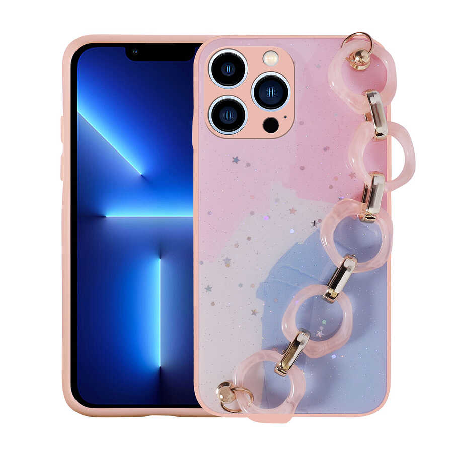 Apple iPhone 13 Pro Kılıf Simli Desenli El Askılı Tutacaklı Zore Elsa Silikon Kapak Pembe