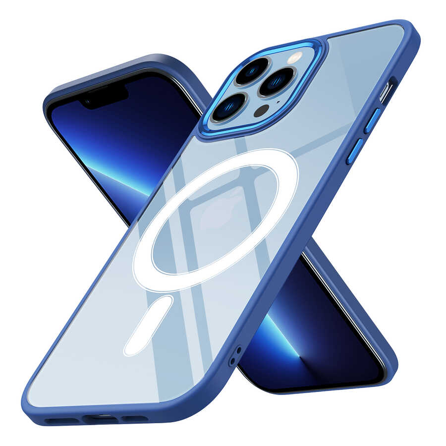 Apple iPhone 13 Pro Kılıf Wireless Şarj Özellikli Zore Krom M-safe Silikon Kapak Lacivert