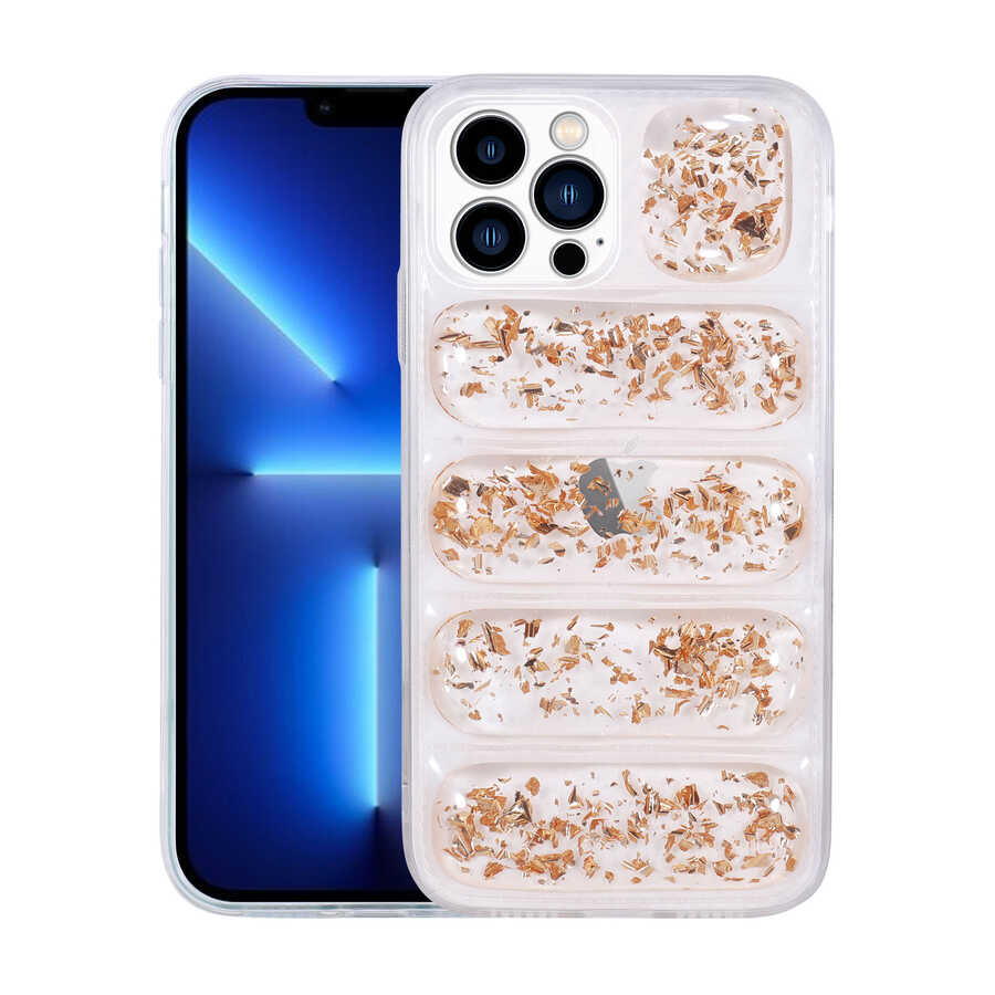 Apple iPhone 13 Pro Max Kılıf Kamera Korumalı Simli Airbag'li Zore Dalga Kapak Gold