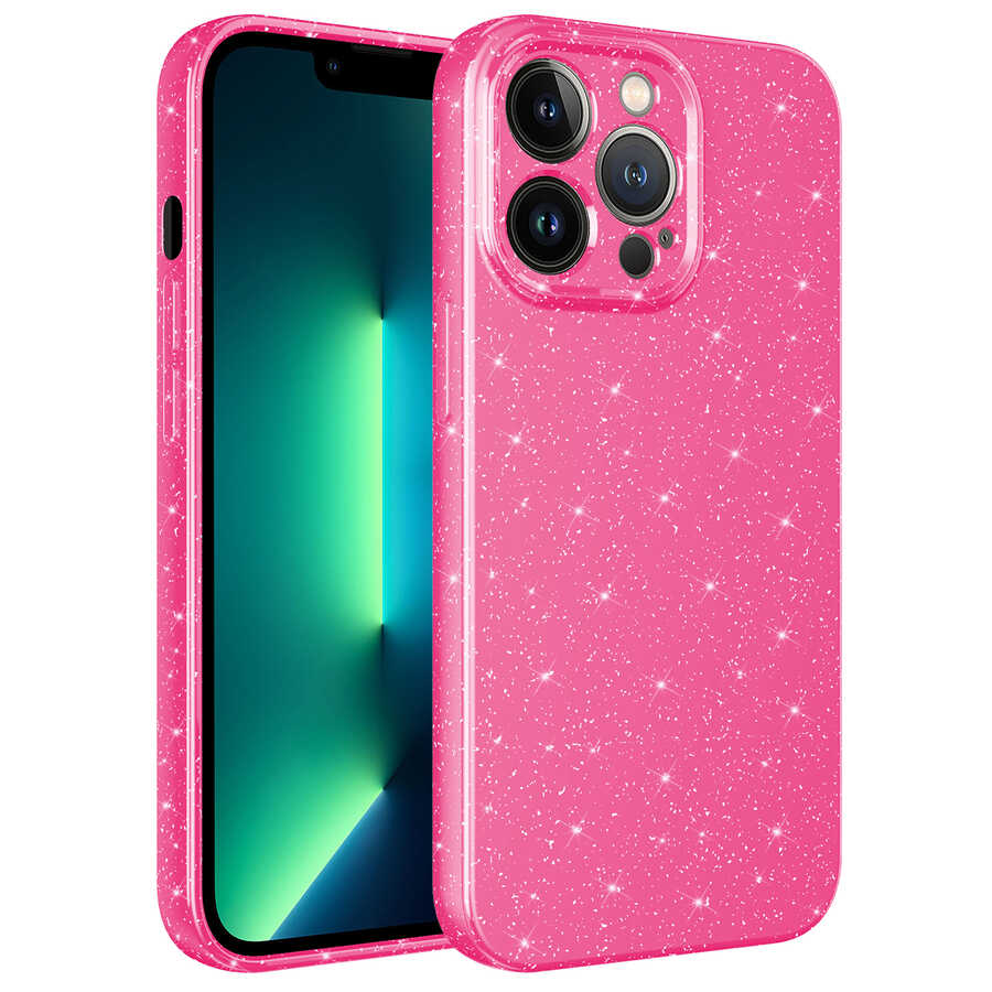 Apple iPhone 13 Pro Max Kılıf Kamera Korumalı Simli Lüks Zore Koton Kapak Pembe Koyu