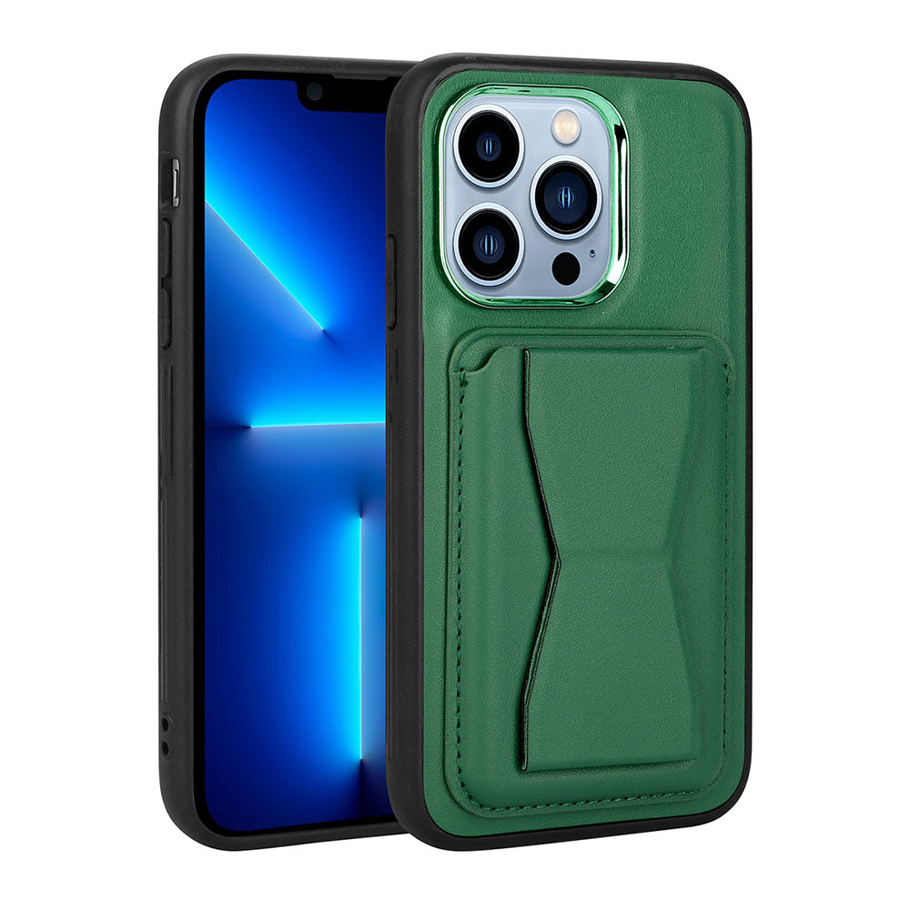 Apple iPhone 13 Pro Max Kılıf Kartlıklı Standlı Pu Deri Zore Memo Kapak Koyu Yeşil