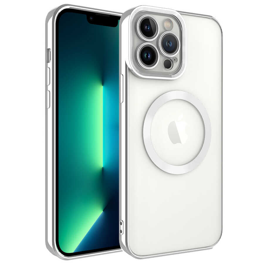 Apple iPhone 13 Pro Max Kılıf M-safe Wireless Şarj Özellikli Zore Setro Silikon Gümüş