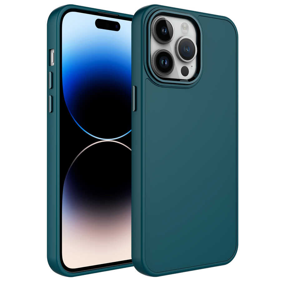 Apple iPhone 13 Pro Max Kılıf Metal Çerçeve ve Buton Tasarımlı Silikon Zore Luna Kapak Koyu Yeşil